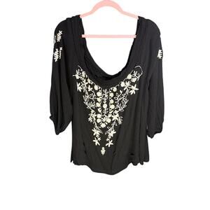 Boho Top Women's Size 22/24 Embroidered Black Shirt Oversized Vacation Cruise